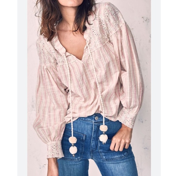 LoveShackFancy Striped Embroidered Blouse - Picture 1 of 11